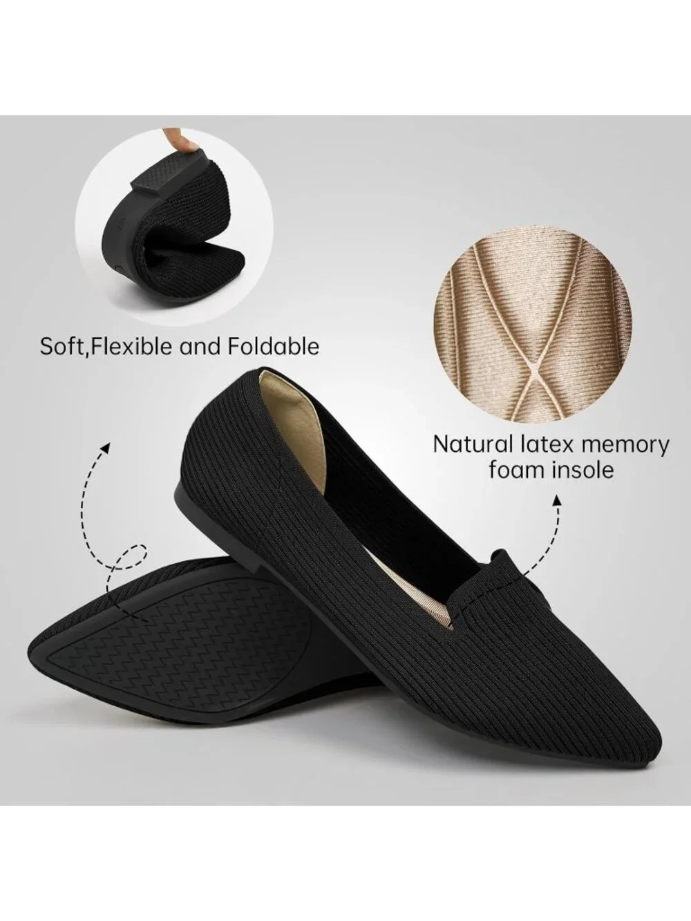 Women's Black Pointed Toe Knit Ballet Flats Washable Important Work Shoes
